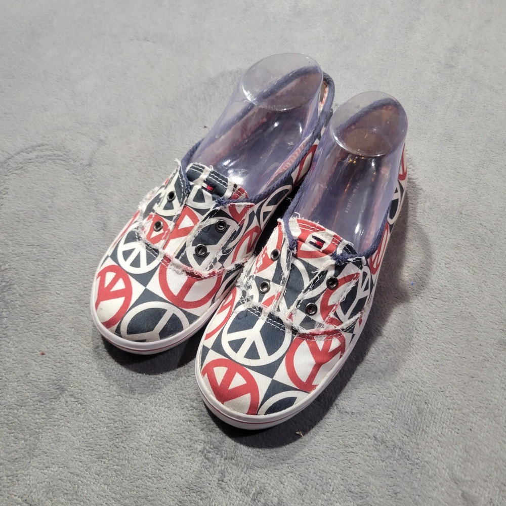 Tommy Hilfiger Bobbie Sneakers Womens 8.5 Red White Blue Peace Sign Slip On 73